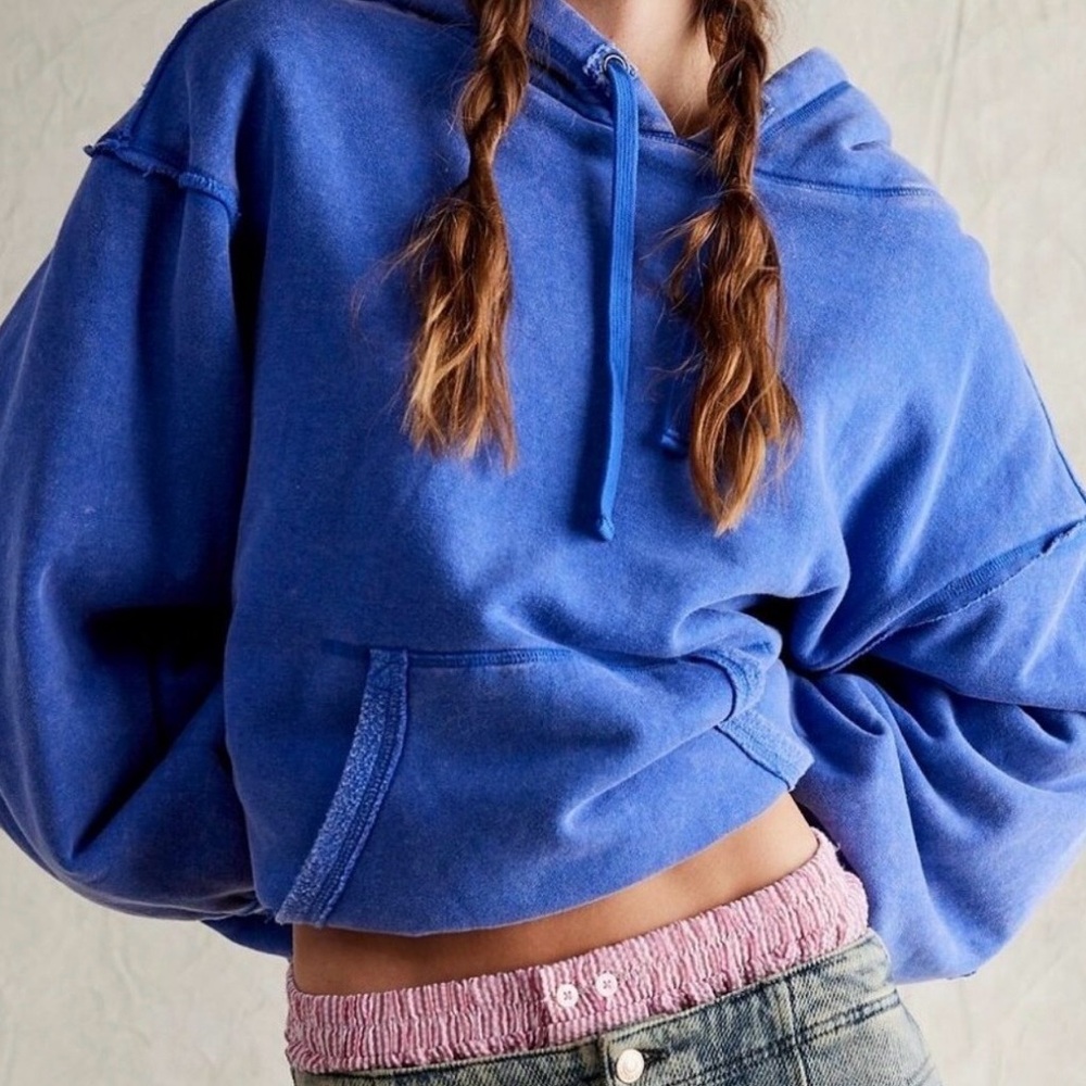 NWOT Free People By Your Side Thermal Lined Pullover Hoodie Blue Size M